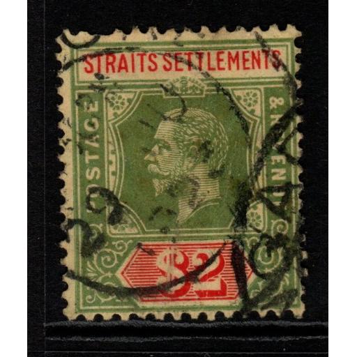 MALAYA STRAITS SETTLEMENTS SG211a 1915 $2 GREEN & RED/YELLOW USED
