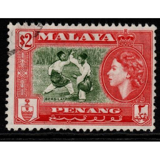 MALAYA PENANG SG53 1957 $2 BRONZE-GREEN & SCARLET FINE USED