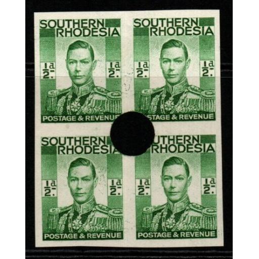 SOUTHERN RHODESIA SG40var 1937 ½d GREEN IMPERF BLK OF 4 WITH SECURITY PUNCH MNH