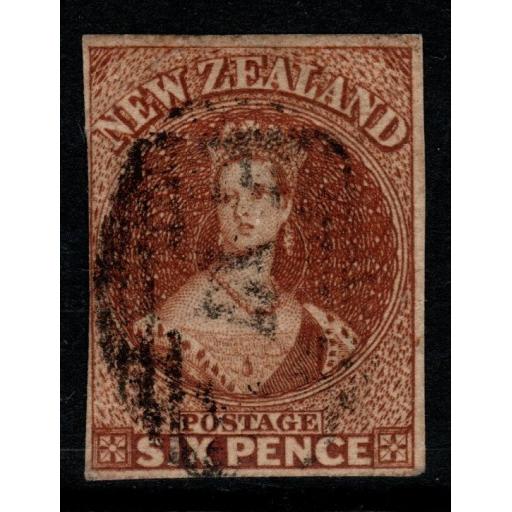 NEW ZEALAND SG13 1857 6d BROWN(3 MARGINS) USED