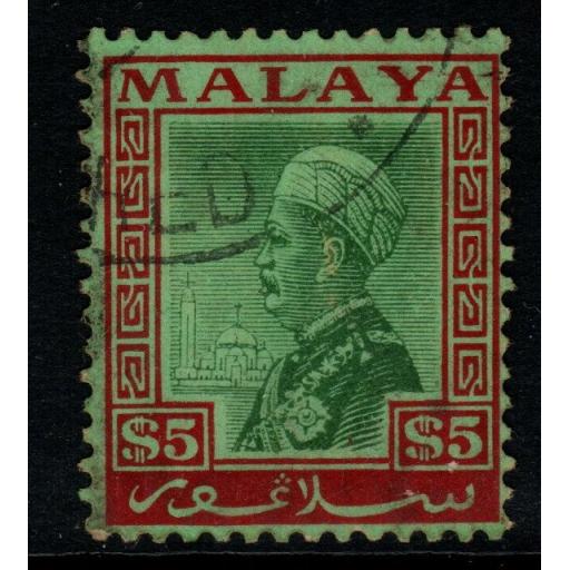 MALAYA SELANGOR SG85 1936 $5 GREEN & RED/EMERALD FINE USED