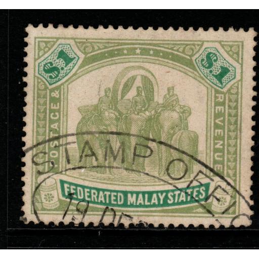 MALAYA FMS SG23 1900 $1 GREEN & PALE GREEN FISCALLY USED