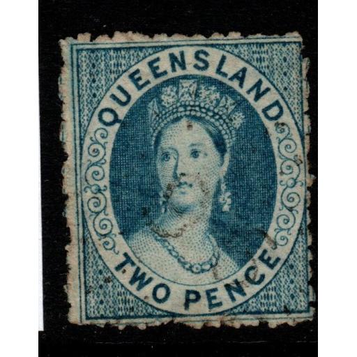 QUEENSLAND SG52 1866 2d BLUE p13 USED