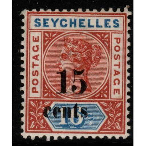 SEYCHELLES SG18 1893 15c on 16c CHESTNUT & BLUE DIE I MTD MINT