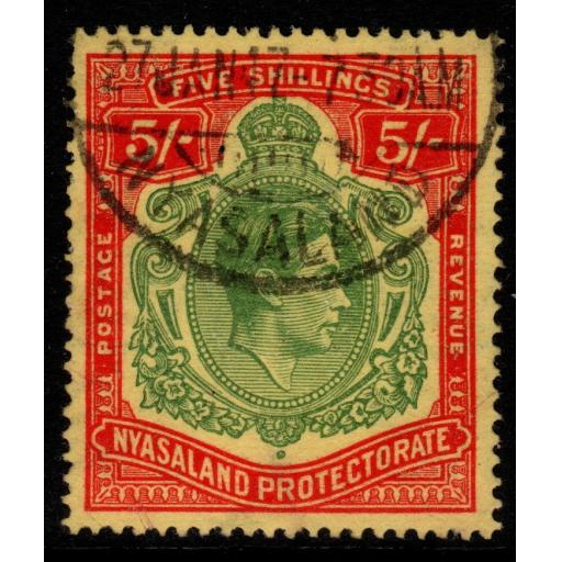 NYASALAND SG141a 1944 5/= GREEN & RED/PALE YELLOW ORD PAPER FINE USED