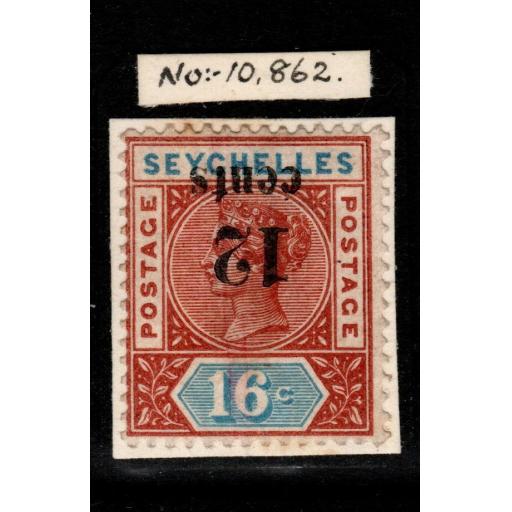 SEYCHELLES SG16a 1893 12c on 16c CHESTNUT & BLUE SURCH INVERTED (CERT) MTD MINT