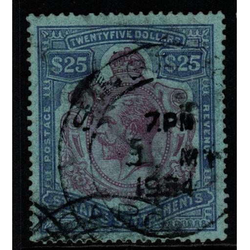 MALAYA STRAITS SETTLEMENTS SG240b 1923 $25 PURPLE & BLUE/BLUE USED