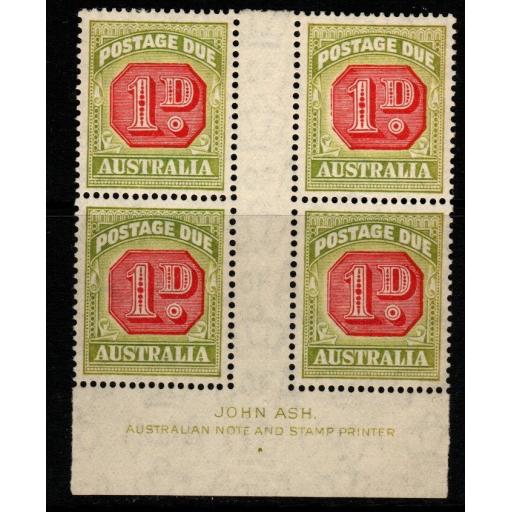 AUSTRALIA SGD113 1938 6d CARMINE & GREEN JOHN ASH IMPRINT BLOCK LIGHT TONING MNH