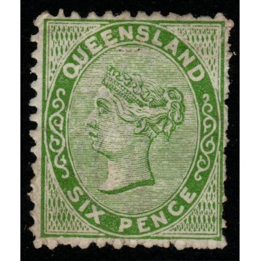 QUEENSLAND SG143 1879 6d YELLOW-GREEN FAINT CREASE MTD MINT