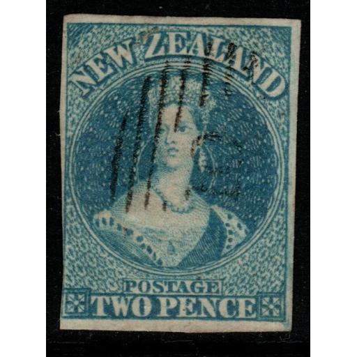 NEW ZEALAND SG10 1857 2d BLUE (3-4 MARGINS) USED