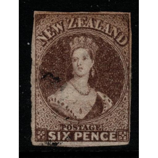 NEW ZEALAND SG42 1863 6d BROWN (3 MARGINS) USED