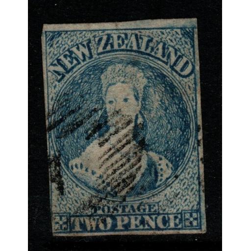 NEW ZEALAND SG39 1864 2d BLUE (3 MARGINS) USED