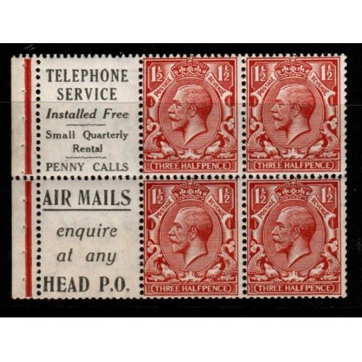 GB SGNB15a(8) 1924 1½d RED-BROWN WMK INVERTED BOOKLET PANE MTD MINT