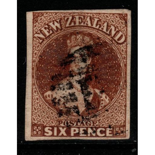 NEW ZEALAND SG12 1859 6d BISTRE-BROWN (4 MARGINS) USED