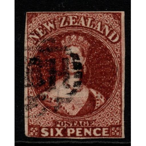 NEW ZEALAND SG99 1866 6d RED-BROWN (3 MARGINS) USED