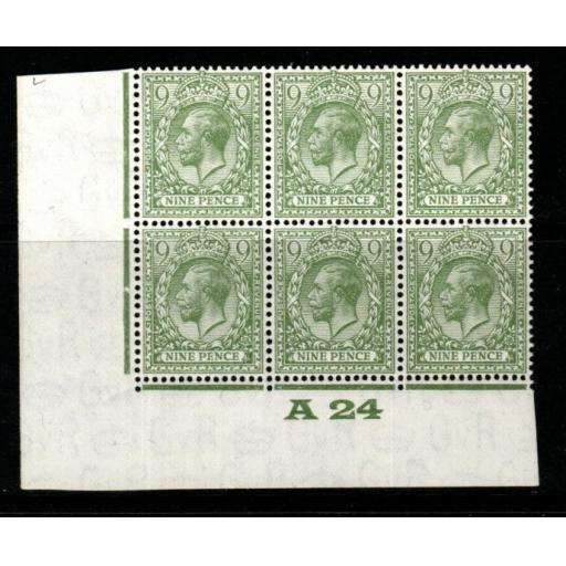 GB SG427 N43(2) 1924 9d PALE OLIVE-GREEN CONTROL A24 BLOCK OF 6 MNH