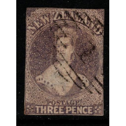 NEW ZEALAND SG40 1863 3d BROWN-LILAC (1 MARGIN) USED