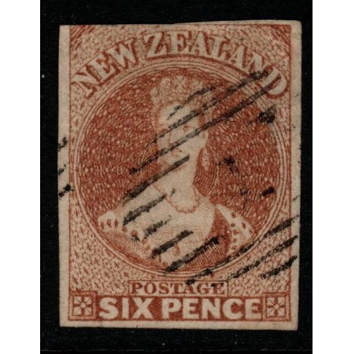 NEW ZEALAND SG15 1859 6d CHESTNUT (3 MARGINS) USED
