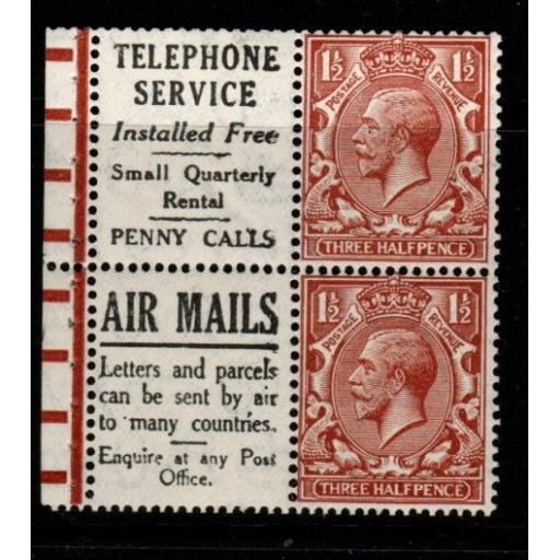 GB SGNB15(9) 1924 1½d RED-BROWN WMK UPRIGHT INCOMPLETE BOOKLET PANE MNH