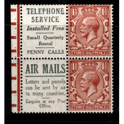 GB SGNB15a(9) 1924 1½d RED-BROWN WMK INVERTED INCOMPLETE BOOKLET PANE MNH