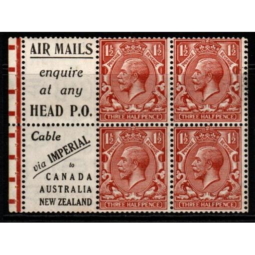 GB SGNB15a(1) 1924 1½d RED-BROWN WMK INVERTED BOOKLET PANE MNH