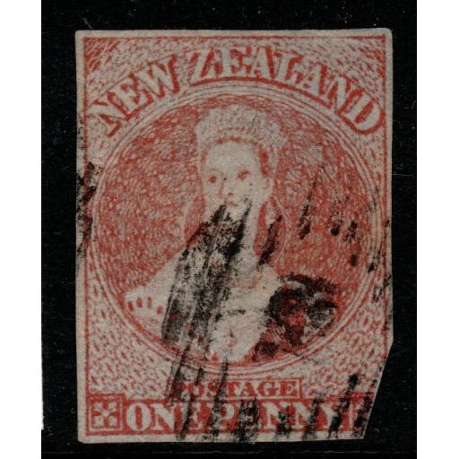 NEW ZEALAND SG4 1855 1d RED MISSING LOWER RIGHT CORNER USED