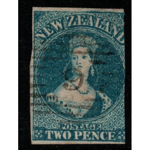 NEW ZEALAND SG2 1855 2d DULL BLUE (3 MARGINS) USED