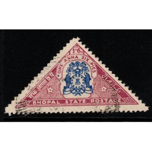 INDIA-BHOPAL SGO331b 1937 1a6p BLUE & CLARET OVERPRINT OMITTED FINE USED