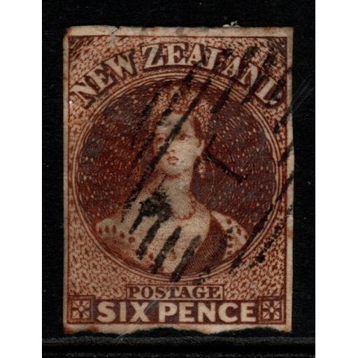 NEW ZEALAND SG13 1857 6d BROWN REPAIRED TOP LEFT CORNER USED