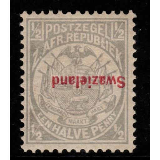 SWAZILAND SG10a 1892 ½d GREY p12½ OVERPRINT INVERTED MTD MINT