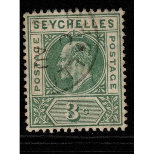 SEYCHELLES SG61a 1906 3c DULL GREEN "DENTED FRAME" FINE USED