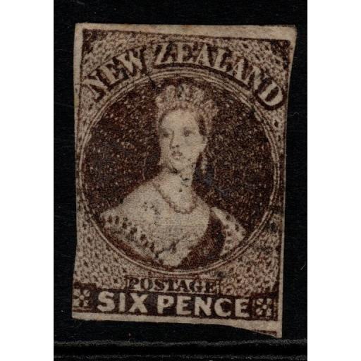 NEW ZEALAND SG41 1862 6d BLACK-BROWN (2-3 MARG) USED