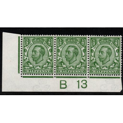 GB SG344 1912 ½d GREEN CONTROL B13 STRIP OF 3 MNH