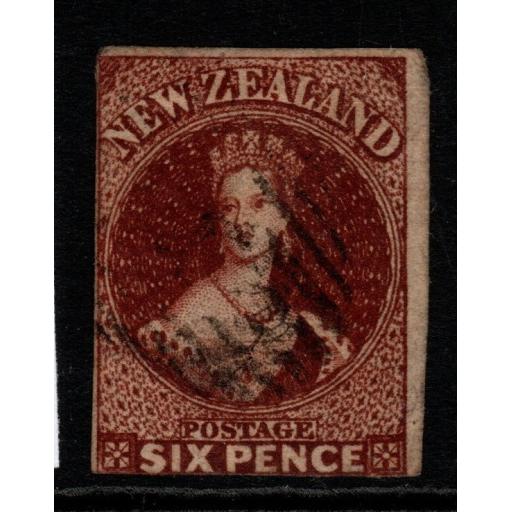 NEW ZEALAND SG43 1863 6d RED-BROWN (2-3 MARG) USED