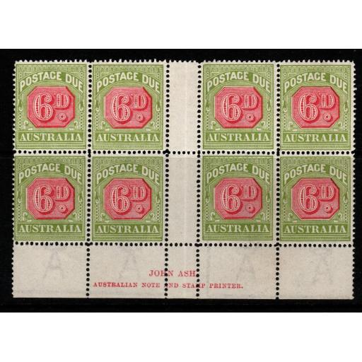 AUSTRALIA SGD97 1922 6d CARMINE & GREEN JOHN ASH BLOCK OF 8 PERF SPLITTING MNH