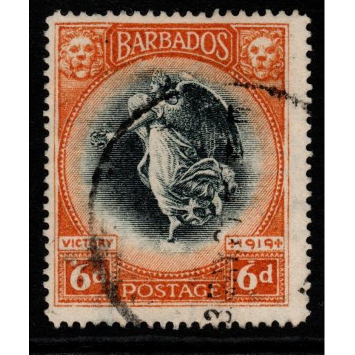 BARBADOS SG208 1920 6d BLACK & BROWN-ORANGE FINE USED