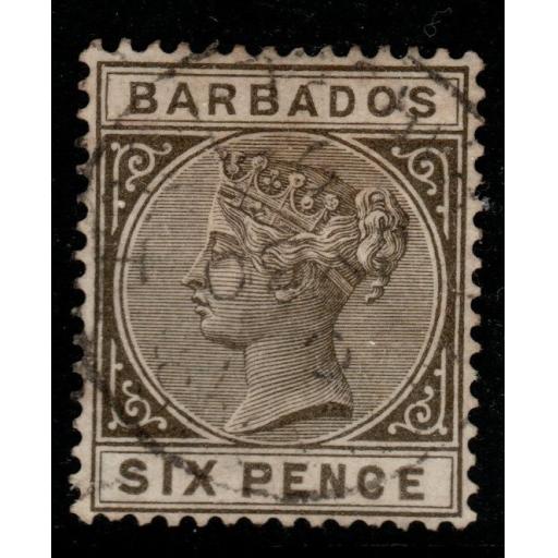 BARBADOS SG100 1886 6d OLIVE-BLACK FINE USED