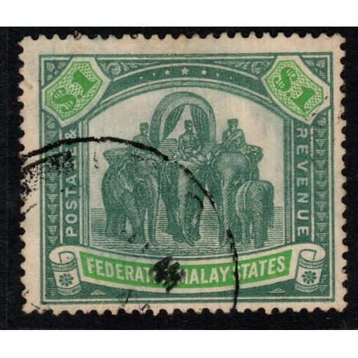 MALAYA FMS SG76a 1926 $1 GREY-GREEN & EMERALD USED