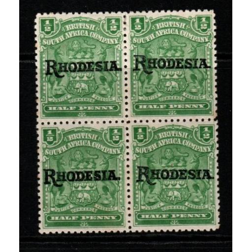 RHODESIA SG100 1909 ½d GREEN BLOCK OF 4 MTD MINT