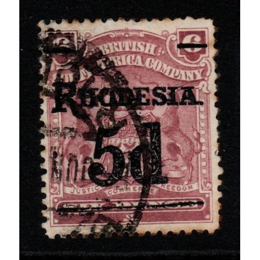 RHODESIA SG114 1909 5d on 6d REDDISH-PURPLE USED