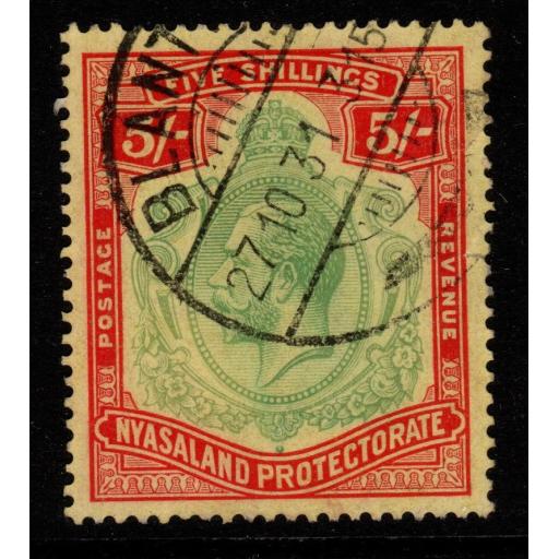 NYASALAND SG112 1929 5/= GREEN & RED/YELLOW FINE USED
