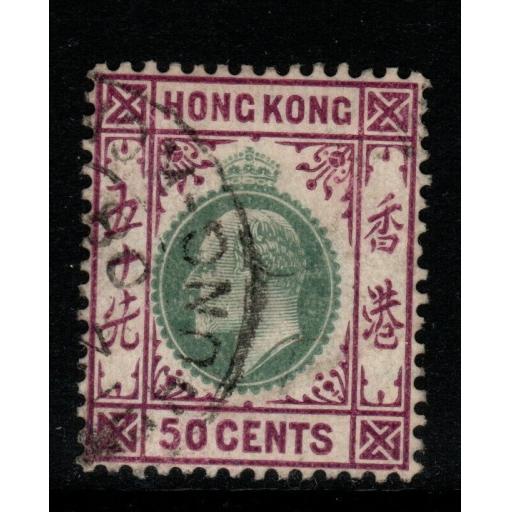 HONG KONG SG85a 1906 50c GREEN & MAGENTA CHALKY PAPER FINE USED