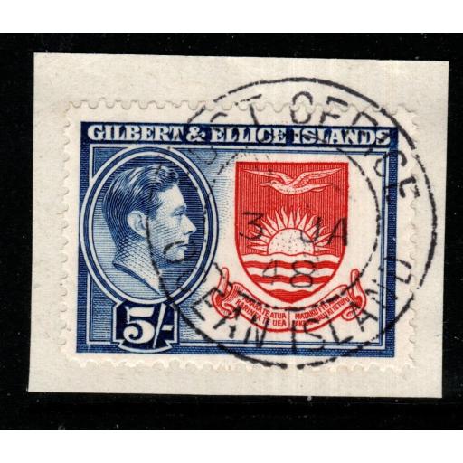 GILBERT & ELLICE IS. SG54 1939 5/= DEEP ROSE-RED & ROYAL BLUE FINE USED ON PIECE