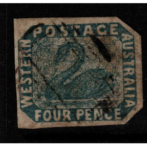 WESTERN AUSTRALIA SG3c 1854 4d SLATE-BLUE USED CUT TO SHAPE AT RIGHT