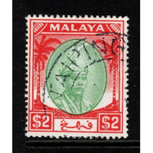 MALAYA PAHANG SG72 1950 $2 GREEN & SCARLET FINE USED