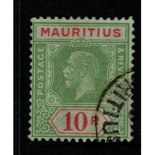 MAURITIUS SG204d 1922 10r GREEN & RED/EMERALD(EMERALD BACK) DIE II FINE USED
