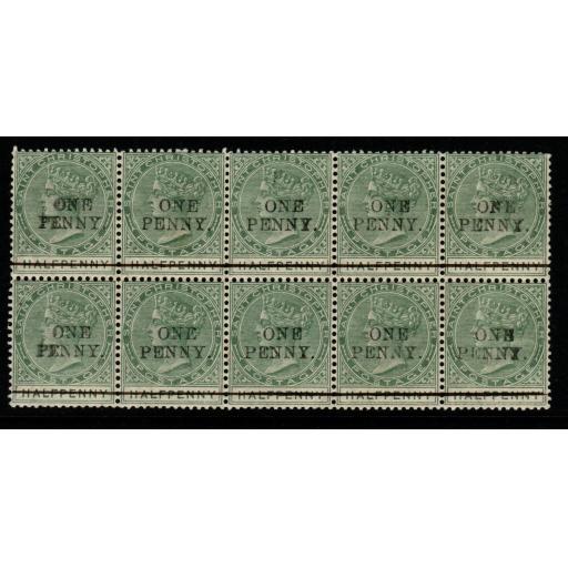 ST.CHRISTOPHER SG26 1886 1d on ½d DULL GREEN BLOCK OF 10 MNH