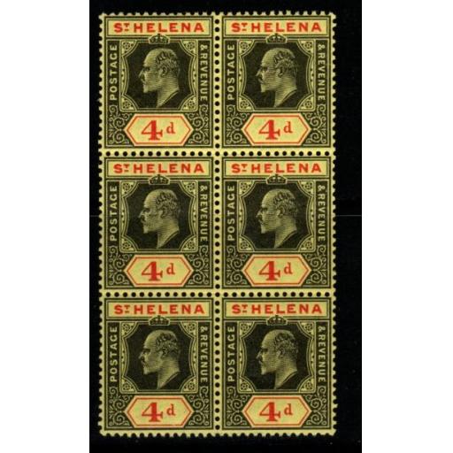 ST.HELENA SG66b 1911 4d BLACK & RED/YELLOW ORD PAPER BLOCK OF 6 MNH