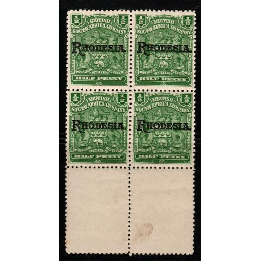 RHODESIA SG100 1909 ½d GREEN BLOCK OF 4 MNH