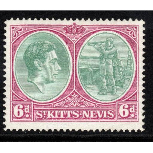 ST.KITTS-NEVIS SG74b 1943 6d GREEN & DEEP CLARET CHALKY PAPER p14 MTD MINT